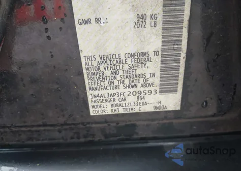 2015 Nissan Altima 2.5 Sv z USA, uszkodzony, nr VIN 1N4AL3AP3FC209593